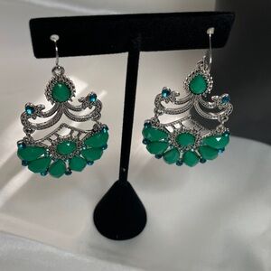 Elegant Green Turquoise colored and Silver Chandelier Earrings
